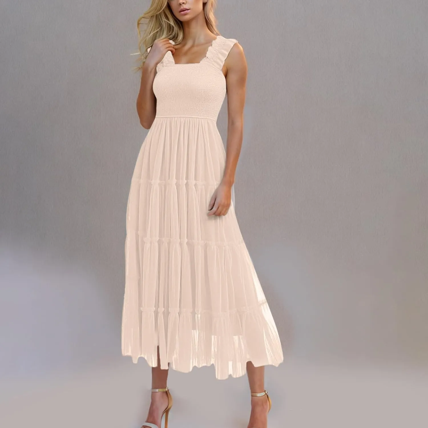 Flowy Dresses for Women Trendy Summer Midi Beach Dress Sleeveless Smocked Square Neck Party Wedding Guest Sundress