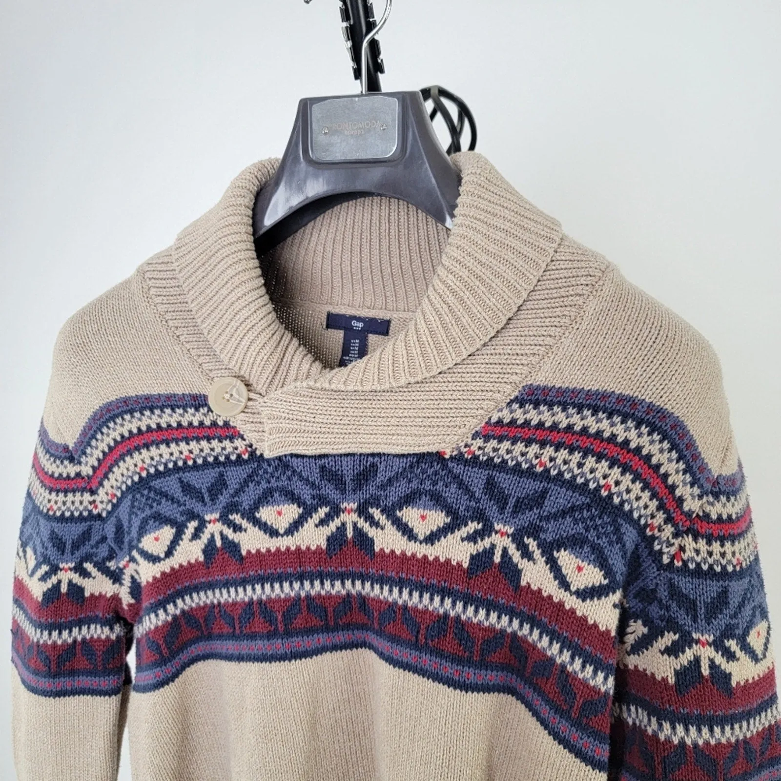 Gap Men's Shawl Neck Fair Isle Aztec Oatmeal Pullover Sweater M