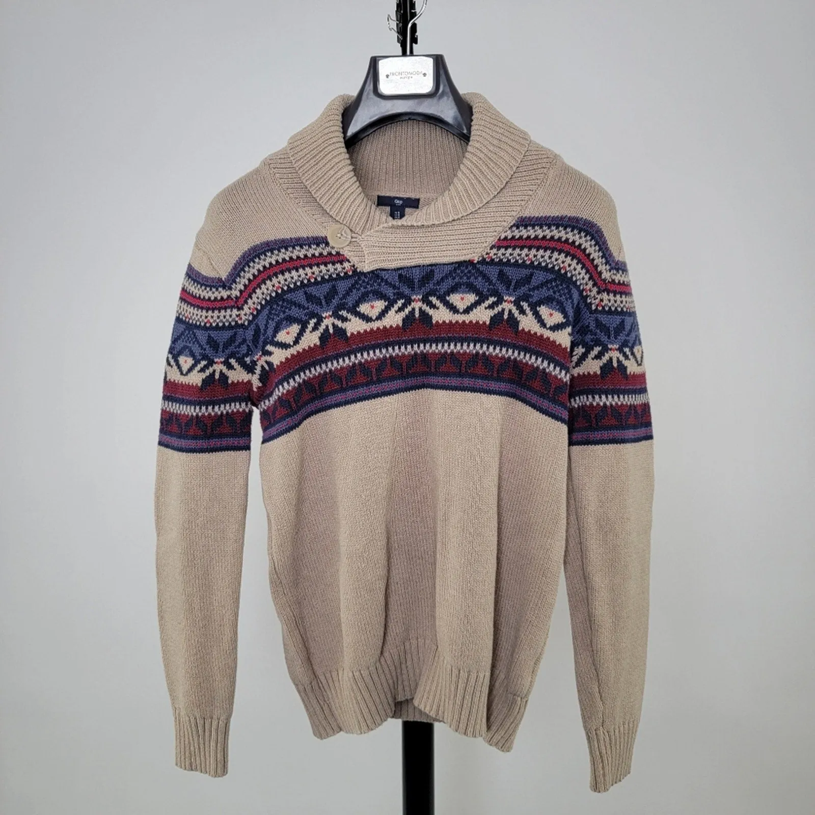 Gap Men's Shawl Neck Fair Isle Aztec Oatmeal Pullover Sweater M
