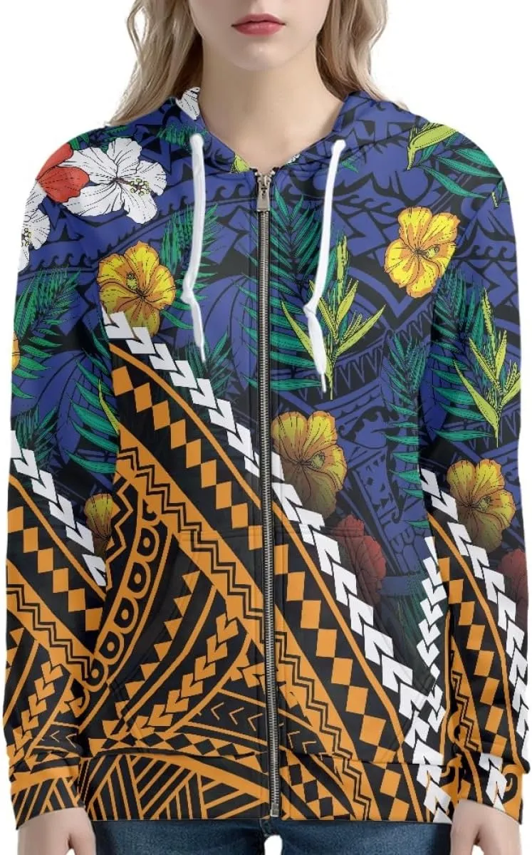 GLUDEAR Women Polynesian Tribal Print Zip Up Hoodies Long Sleeve Hooded Sweatshirts Oversized Casual Jacket