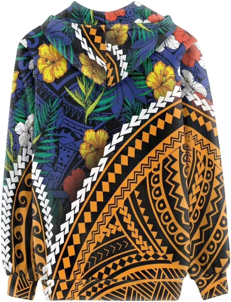 GLUDEAR Women Polynesian Tribal Print Zip Up Hoodies Long Sleeve Hooded Sweatshirts Oversized Casual Jacket