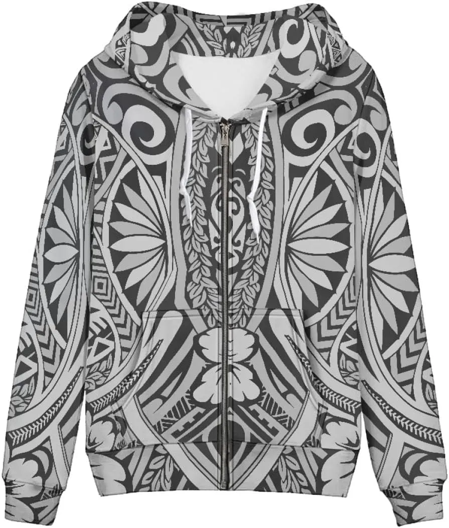 GLUDEAR Women Polynesian Tribal Print Zip Up Hoodies Long Sleeve Hooded Sweatshirts Oversized Casual Jacket