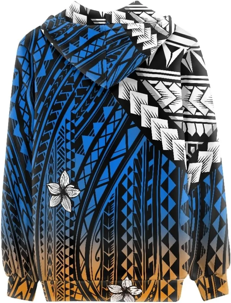 GLUDEAR Women Polynesian Tribal Print Zip Up Hoodies Long Sleeve Hooded Sweatshirts Oversized Casual Jacket