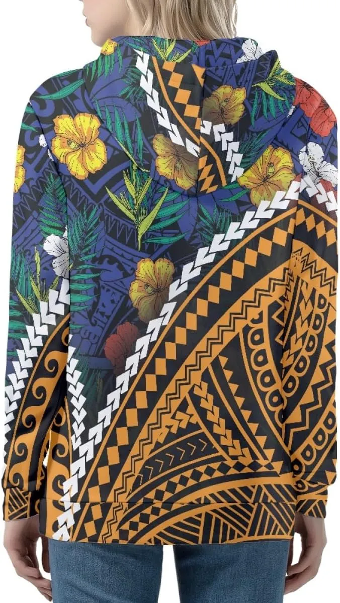 GLUDEAR Women Polynesian Tribal Print Zip Up Hoodies Long Sleeve Hooded Sweatshirts Oversized Casual Jacket