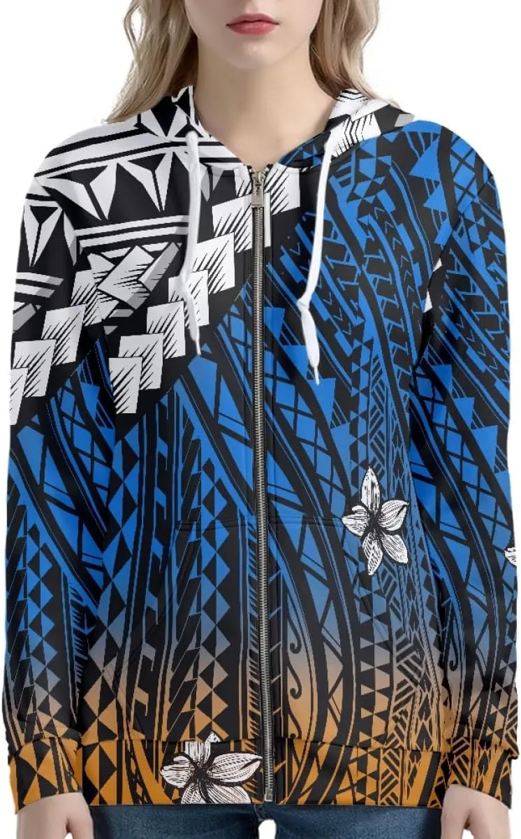 GLUDEAR Women Polynesian Tribal Print Zip Up Hoodies Long Sleeve Hooded Sweatshirts Oversized Casual Jacket