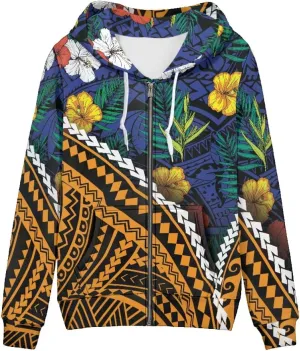 GLUDEAR Women Polynesian Tribal Print Zip Up Hoodies Long Sleeve Hooded Sweatshirts Oversized Casual Jacket