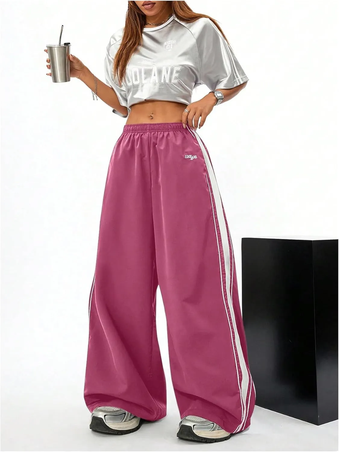 GORGLITTER Women's Color Block Sweatpants Baggy Y2k Elastic Waist Wide Leg Loose Track Pants Joggers Rave Bottoms
