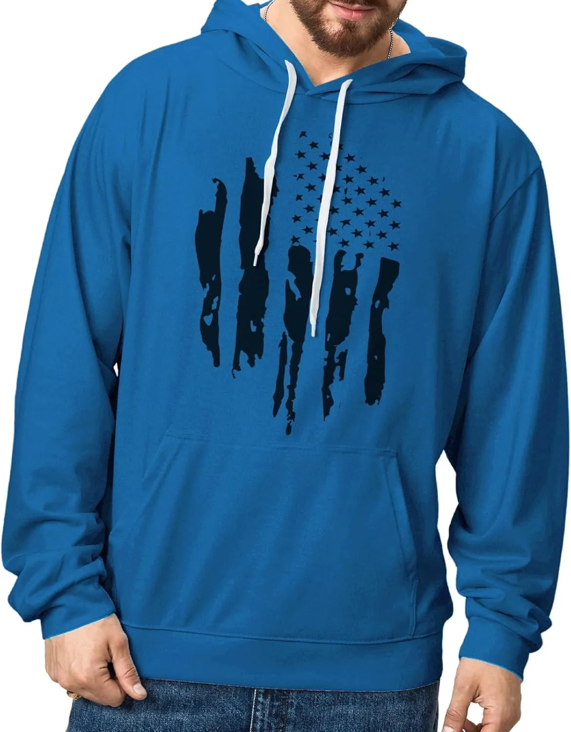 H HYFOL Graphic Hoodies for Men USA Flag American Patriotic Long Sleeve Pocket Pullover Sweatshirts
