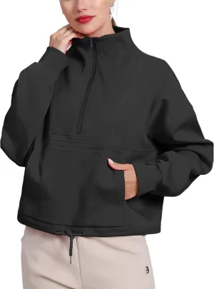 HerGymClothing Womens Cropped Sweatshirt Long Sleeve Half Zip Loose Workout Crop Athletic Jacket