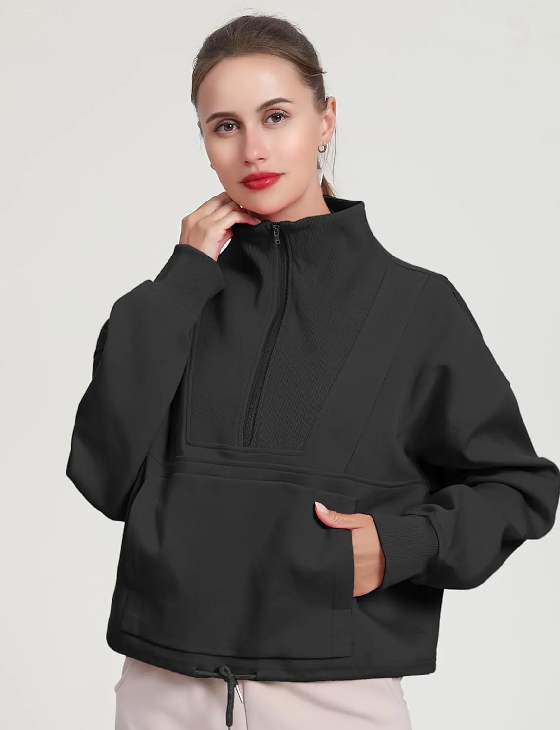HerGymClothing Womens Cropped Sweatshirt Long Sleeve Half Zip Loose Workout Crop Athletic Jacket