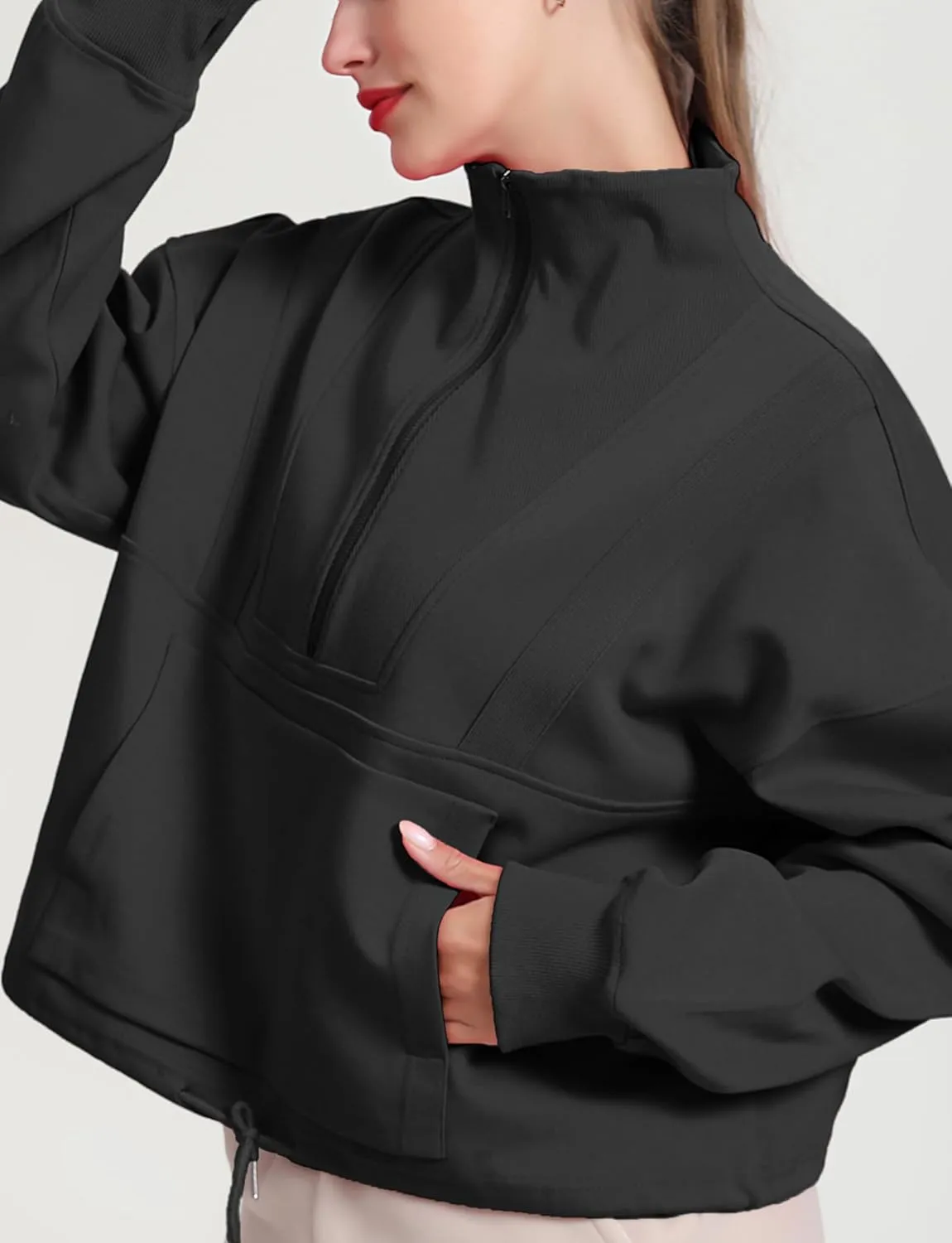 HerGymClothing Womens Cropped Sweatshirt Long Sleeve Half Zip Loose Workout Crop Athletic Jacket