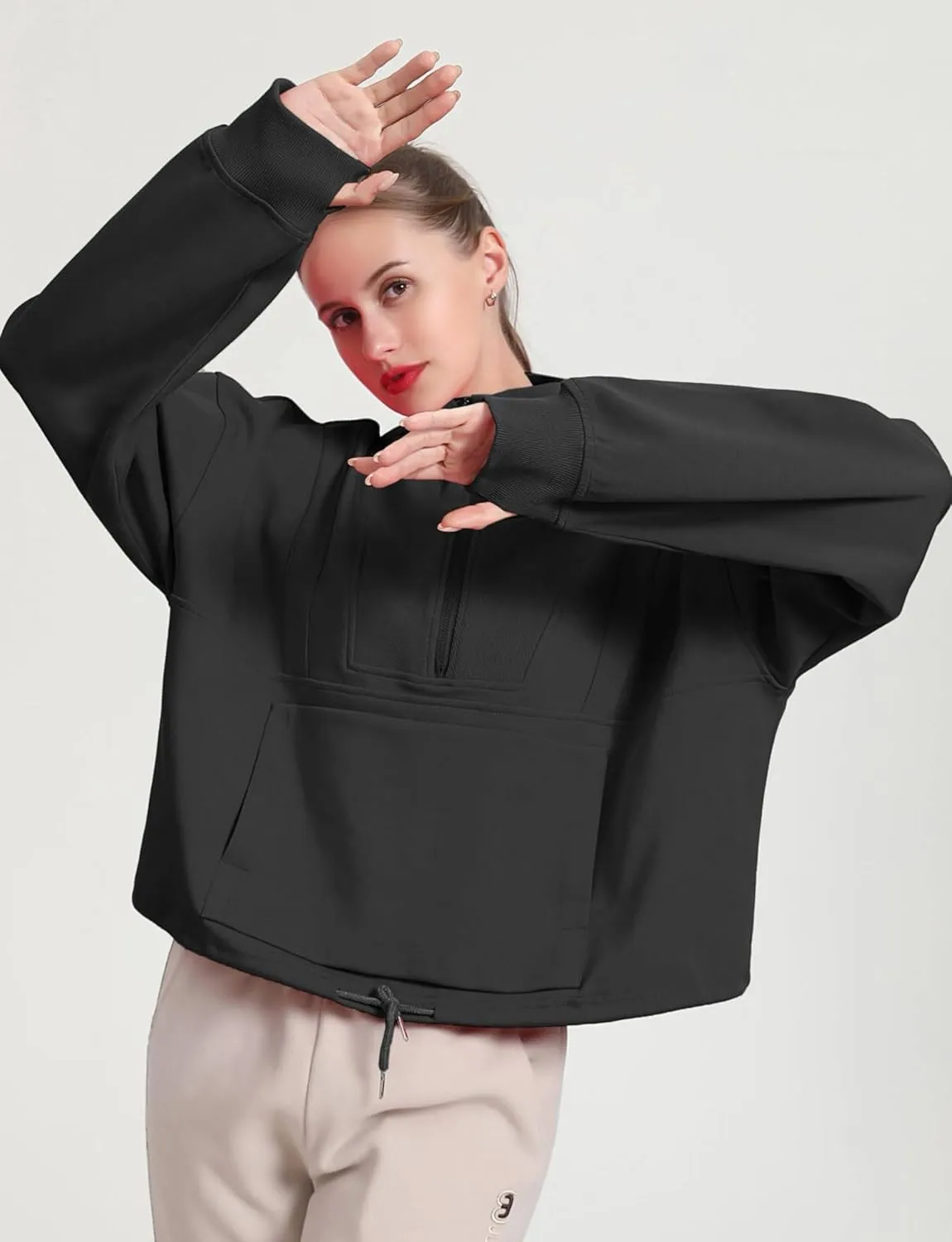 HerGymClothing Womens Cropped Sweatshirt Long Sleeve Half Zip Loose Workout Crop Athletic Jacket