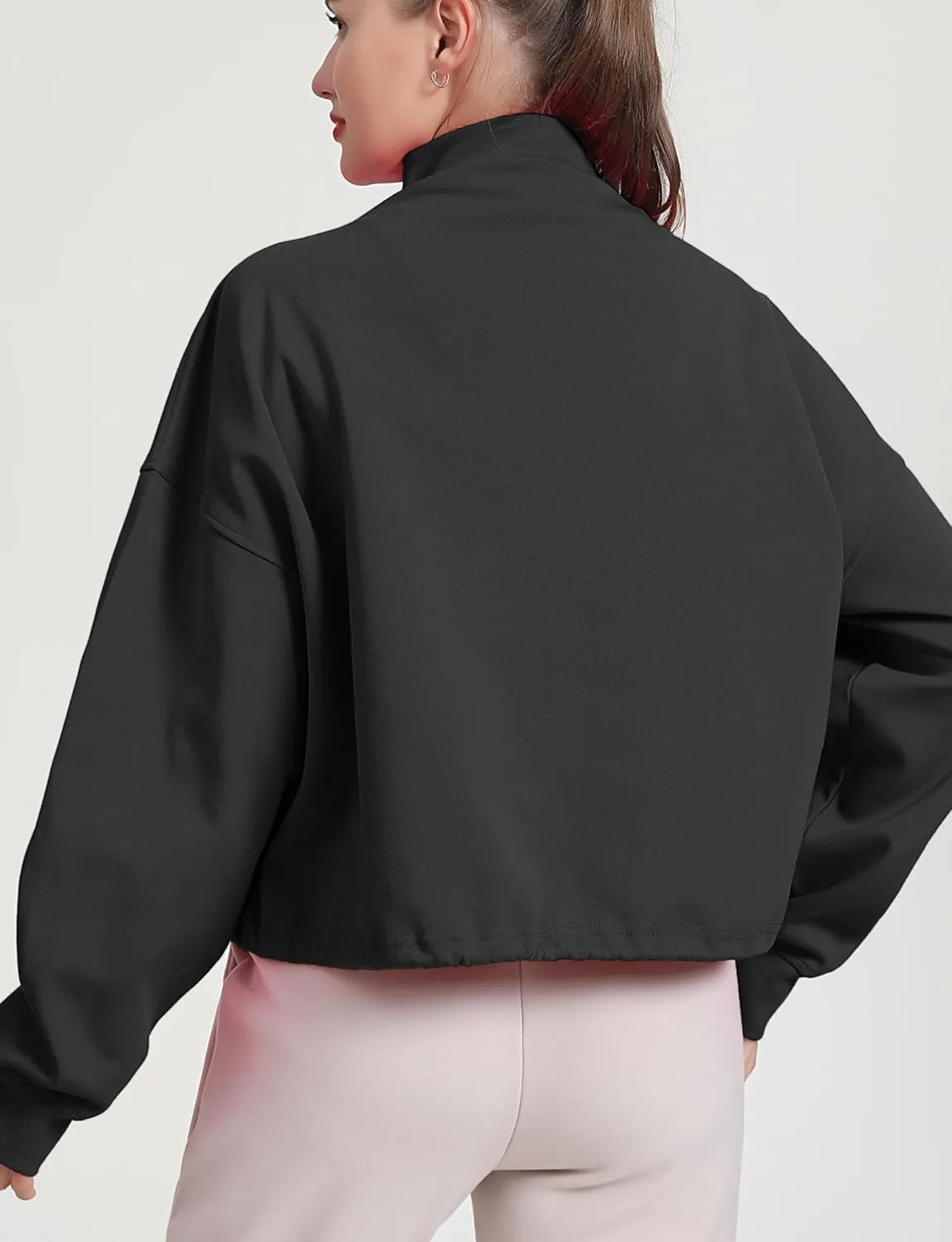 HerGymClothing Womens Cropped Sweatshirt Long Sleeve Half Zip Loose Workout Crop Athletic Jacket