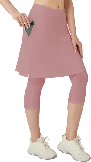 HOKOYI Women 20" Athletic Knee Length Skirt with Leggings Attached Modest Skirted Capris Zipper Pockets
