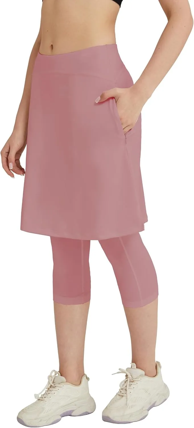 HOKOYI Women 20" Athletic Knee Length Skirt with Leggings Attached Modest Skirted Capris Zipper Pockets
