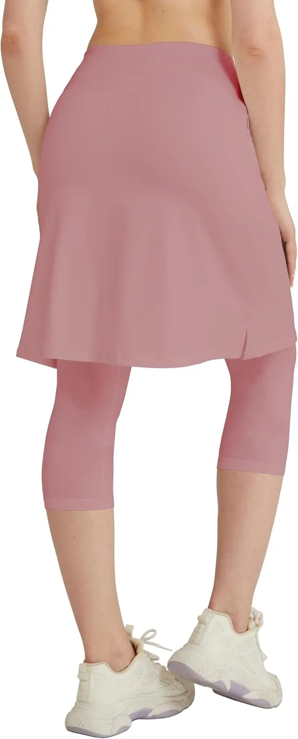 HOKOYI Women 20" Athletic Knee Length Skirt with Leggings Attached Modest Skirted Capris Zipper Pockets