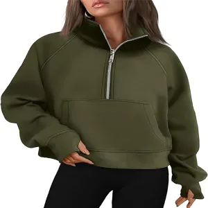 Hooded Sweatshirt Women Half Zip Oversized Sweatshirts Fleece Long Sleeve Solid Color Pullover