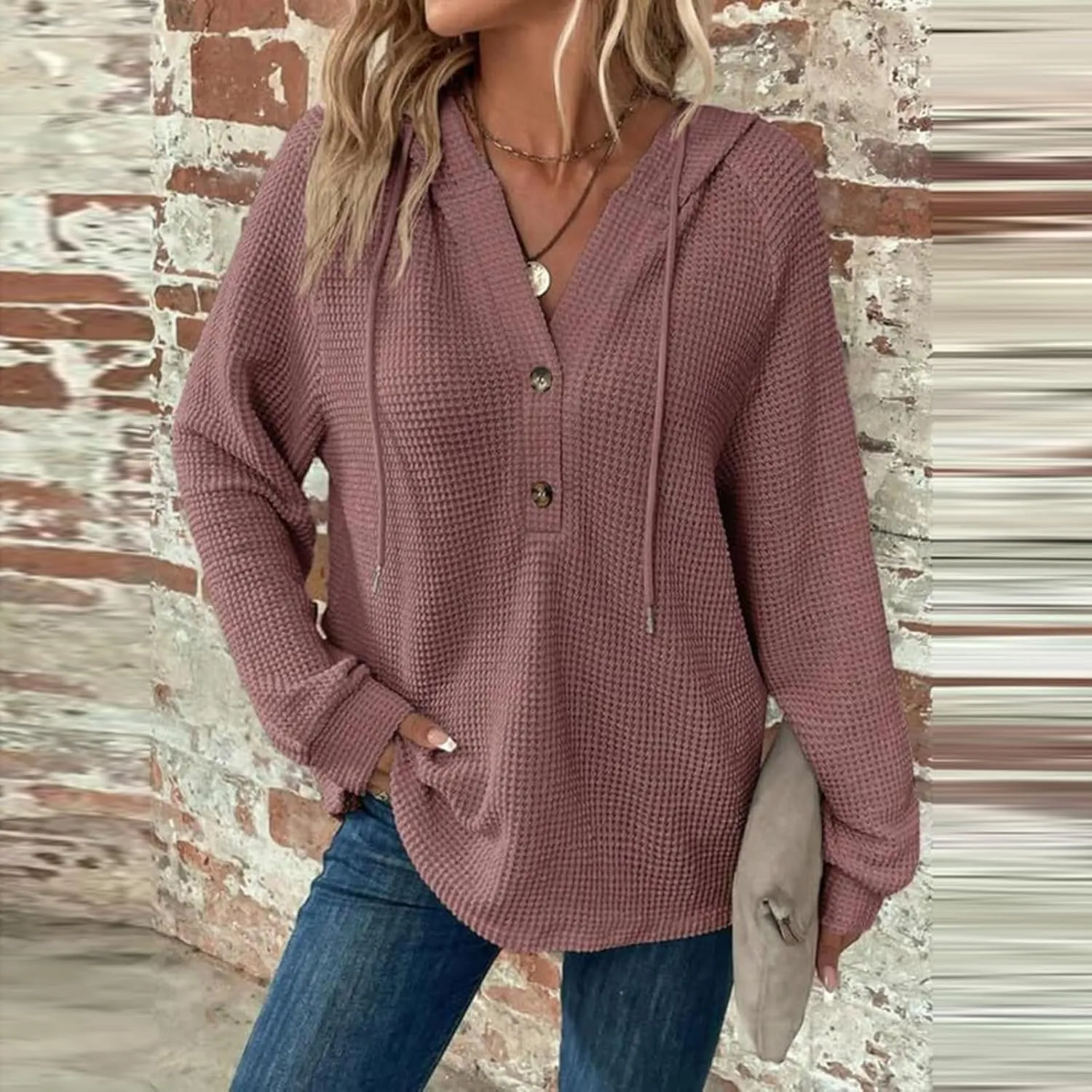 Hoodies for Women Waffle Knit Drawstring Button V Neck Sweatshirt Fall Loose Fit Long Sleeve Pullover