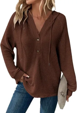 Hoodies for Women Waffle Knit Drawstring Button V Neck Sweatshirt Fall Loose Fit Long Sleeve Pullover