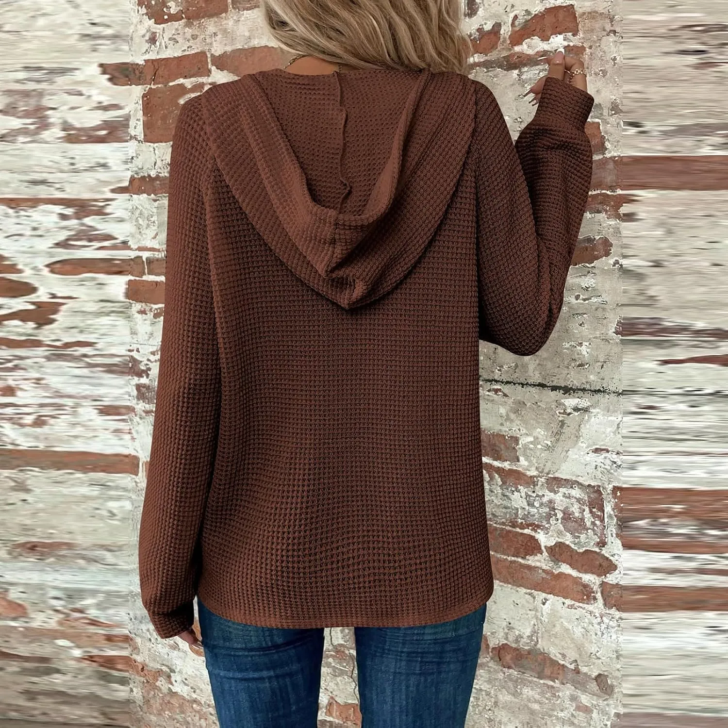 Hoodies for Women Waffle Knit Drawstring Button V Neck Sweatshirt Fall Loose Fit Long Sleeve Pullover