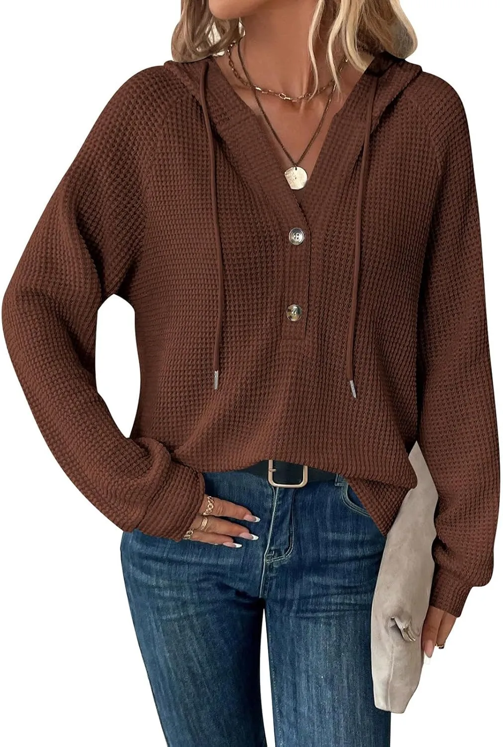 Hoodies for Women Waffle Knit Drawstring Button V Neck Sweatshirt Fall Loose Fit Long Sleeve Pullover