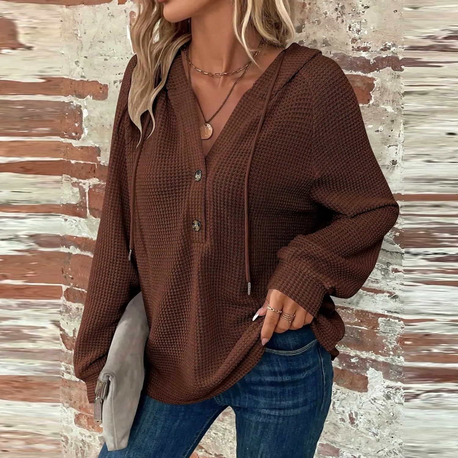Hoodies for Women Waffle Knit Drawstring Button V Neck Sweatshirt Fall Loose Fit Long Sleeve Pullover
