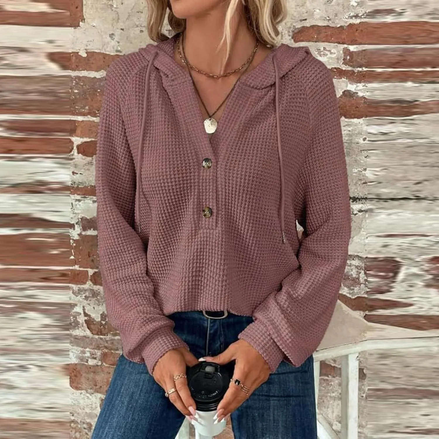 Hoodies for Women Waffle Knit Drawstring Button V Neck Sweatshirt Fall Loose Fit Long Sleeve Pullover