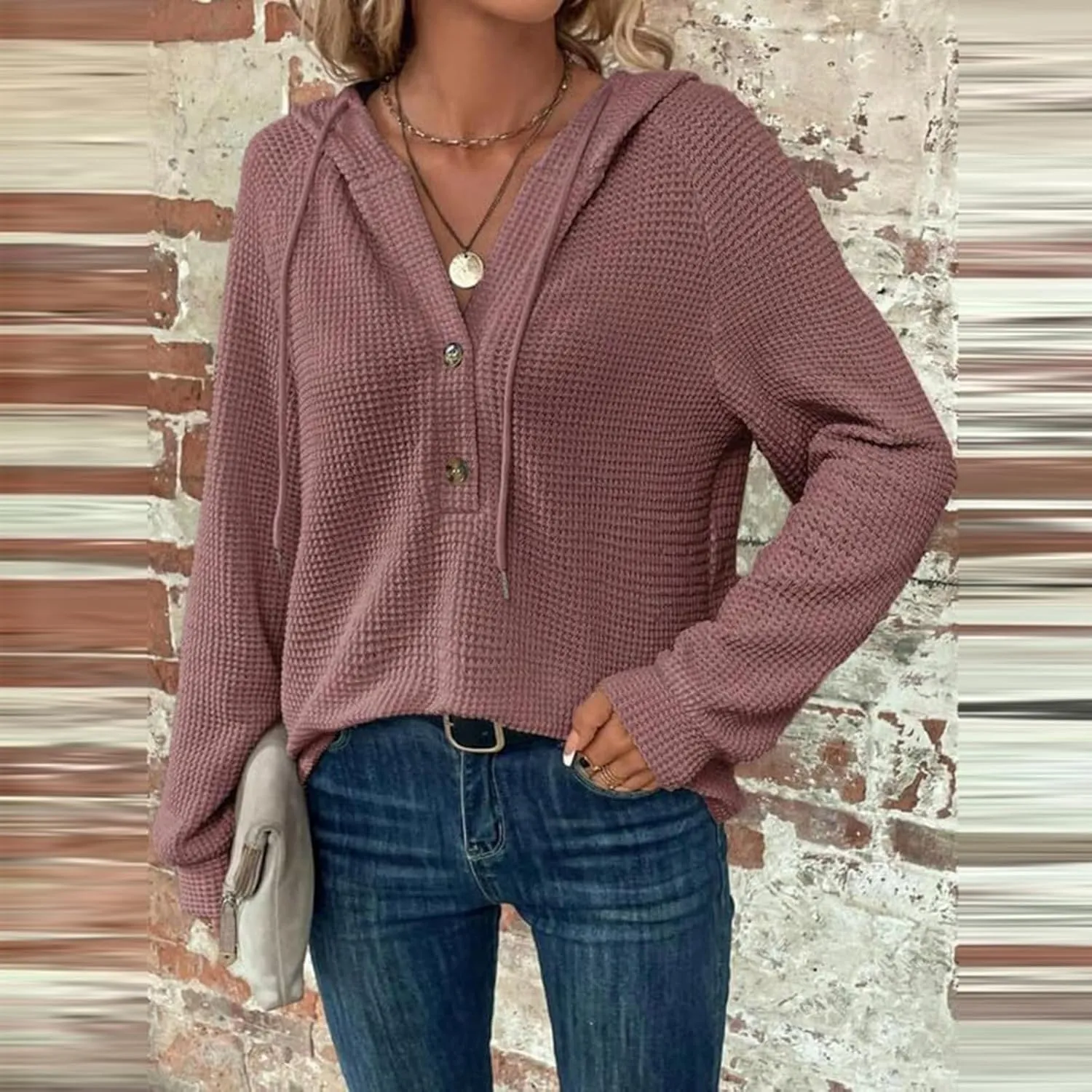 Hoodies for Women Waffle Knit Drawstring Button V Neck Sweatshirt Fall Loose Fit Long Sleeve Pullover