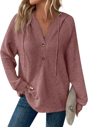 Hoodies for Women Waffle Knit Drawstring Button V Neck Sweatshirt Fall Loose Fit Long Sleeve Pullover