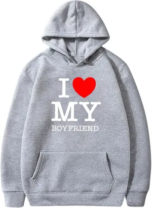 I Love Boyfriend Hoodies for Women Love Heart Print Sweatshirt Oversized Funny Letter Print Pullover Top with Pocket