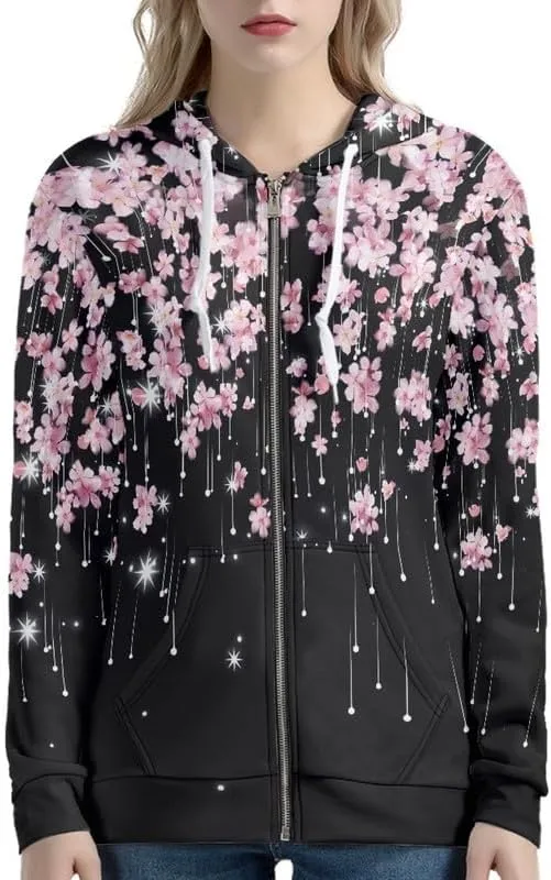 Irisjudy Sunflowers Women Hoodies for Running,Hiking,Jogging, Butterfly,Galaxy Stars Print Zip up Sport Coat with Pocket