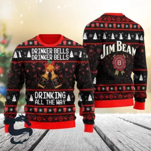 Jim Beam Drinker Bells Drinking All The Way Christmas Ugly Sweater