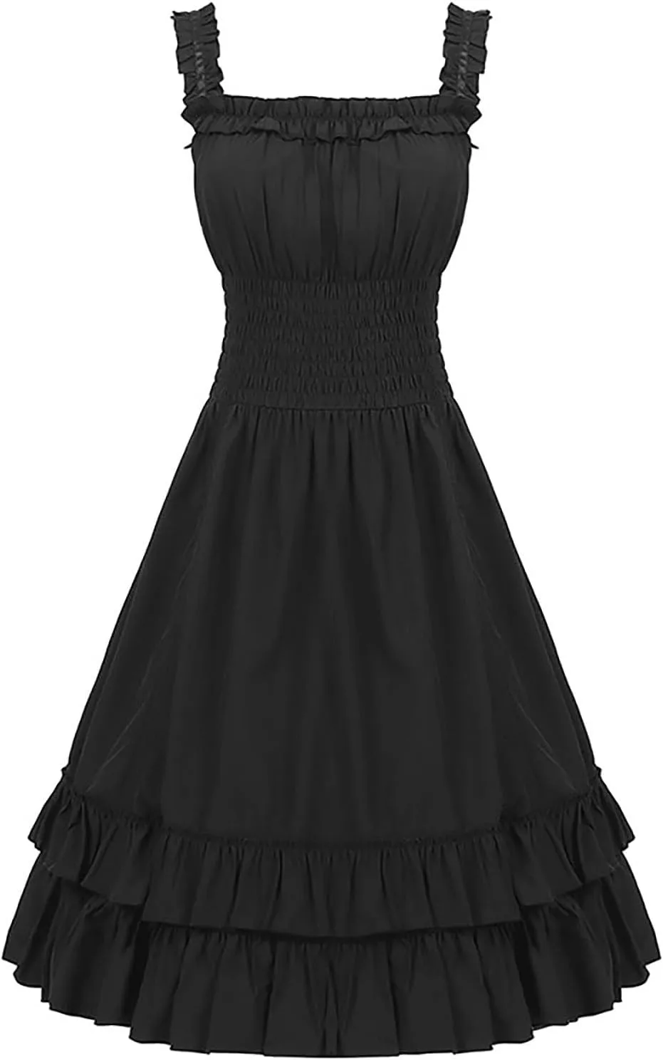 JOAU Women Gothic Smocked High Waist Mini Dress Sleeveless Adjustable Straps Layered Ruffle Hi-Low Hem Steampunk Dresses