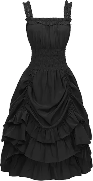 JOAU Women Gothic Smocked High Waist Mini Dress Sleeveless Adjustable Straps Layered Ruffle Hi-Low Hem Steampunk Dresses