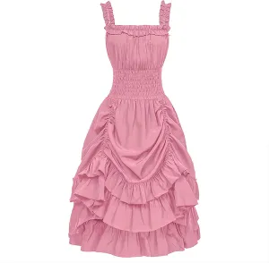 JOAU Women Gothic Smocked High Waist Mini Dress Sleeveless Adjustable Straps Layered Ruffle Hi-Low Hem Steampunk Dresses