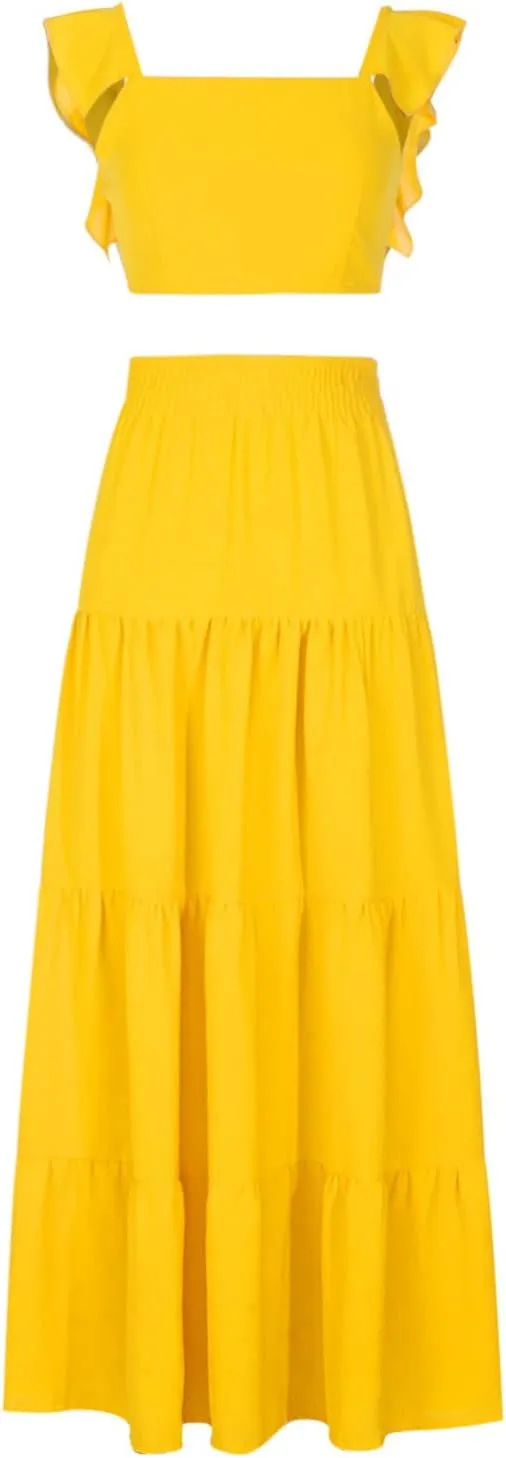 JOAU Women's 2 Piece Outfits Ruffle Spaghetti Strap Crop Top Elastic Waist Pleated A-Line Flowy Tiered Long Skirt Dress Sets