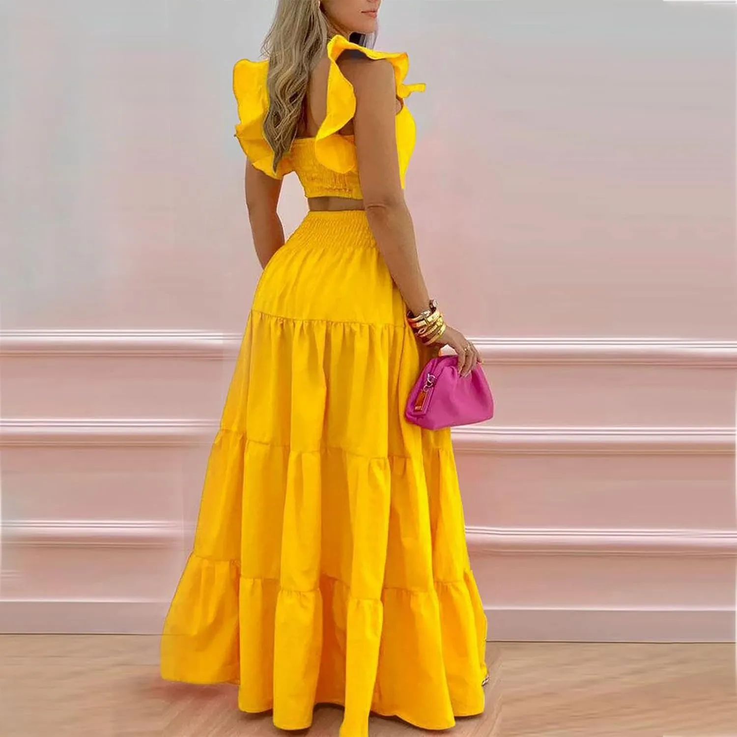 JOAU Women's 2 Piece Outfits Ruffle Spaghetti Strap Crop Top Elastic Waist Pleated A-Line Flowy Tiered Long Skirt Dress Sets