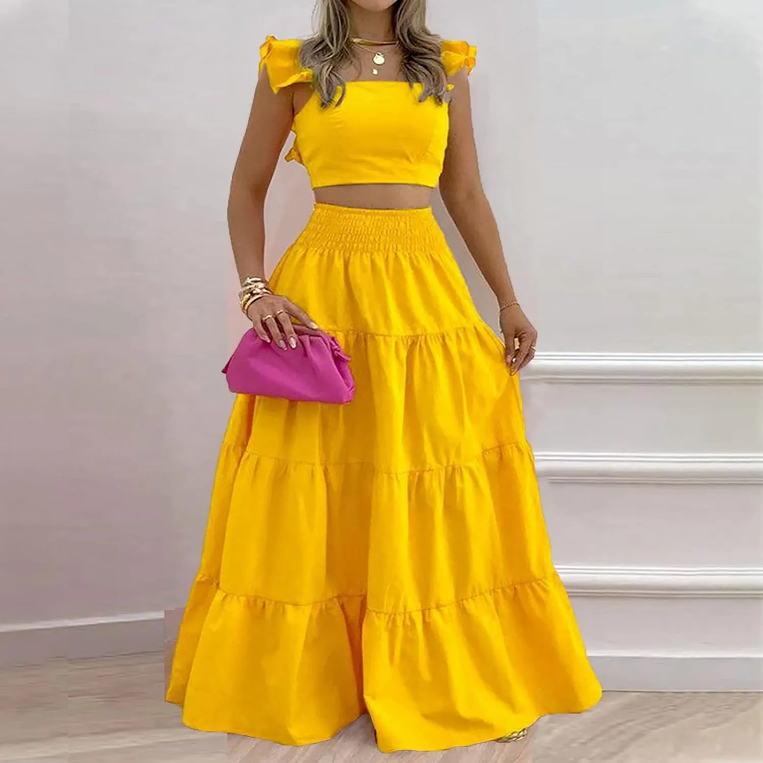 JOAU Women's 2 Piece Outfits Ruffle Spaghetti Strap Crop Top Elastic Waist Pleated A-Line Flowy Tiered Long Skirt Dress Sets