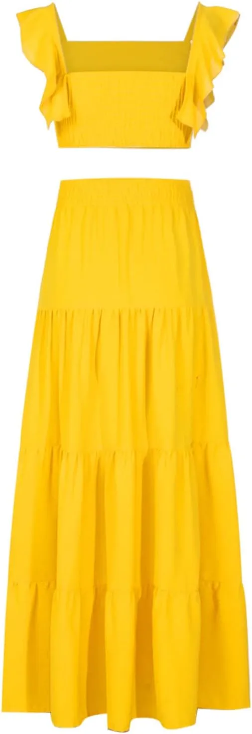JOAU Women's 2 Piece Outfits Ruffle Spaghetti Strap Crop Top Elastic Waist Pleated A-Line Flowy Tiered Long Skirt Dress Sets