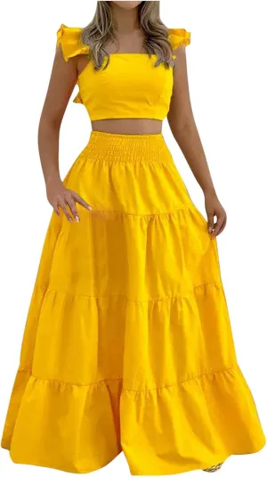 JOAU Women's 2 Piece Outfits Ruffle Spaghetti Strap Crop Top Elastic Waist Pleated A-Line Flowy Tiered Long Skirt Dress Sets