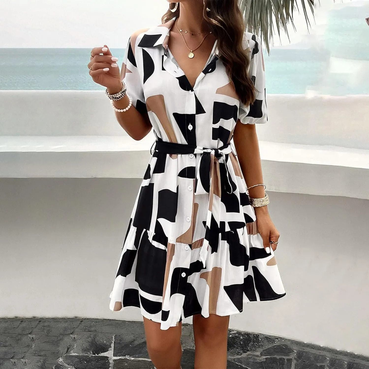 JOAU Women's Button Shirt Dress 2024 Casual Summer Collared V Neck Puff Sleeve Flowy Ruffle Tiered Swing Beach Mini Dresses