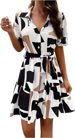 JOAU Women's Button Shirt Dress 2024 Casual Summer Collared V Neck Puff Sleeve Flowy Ruffle Tiered Swing Beach Mini Dresses
