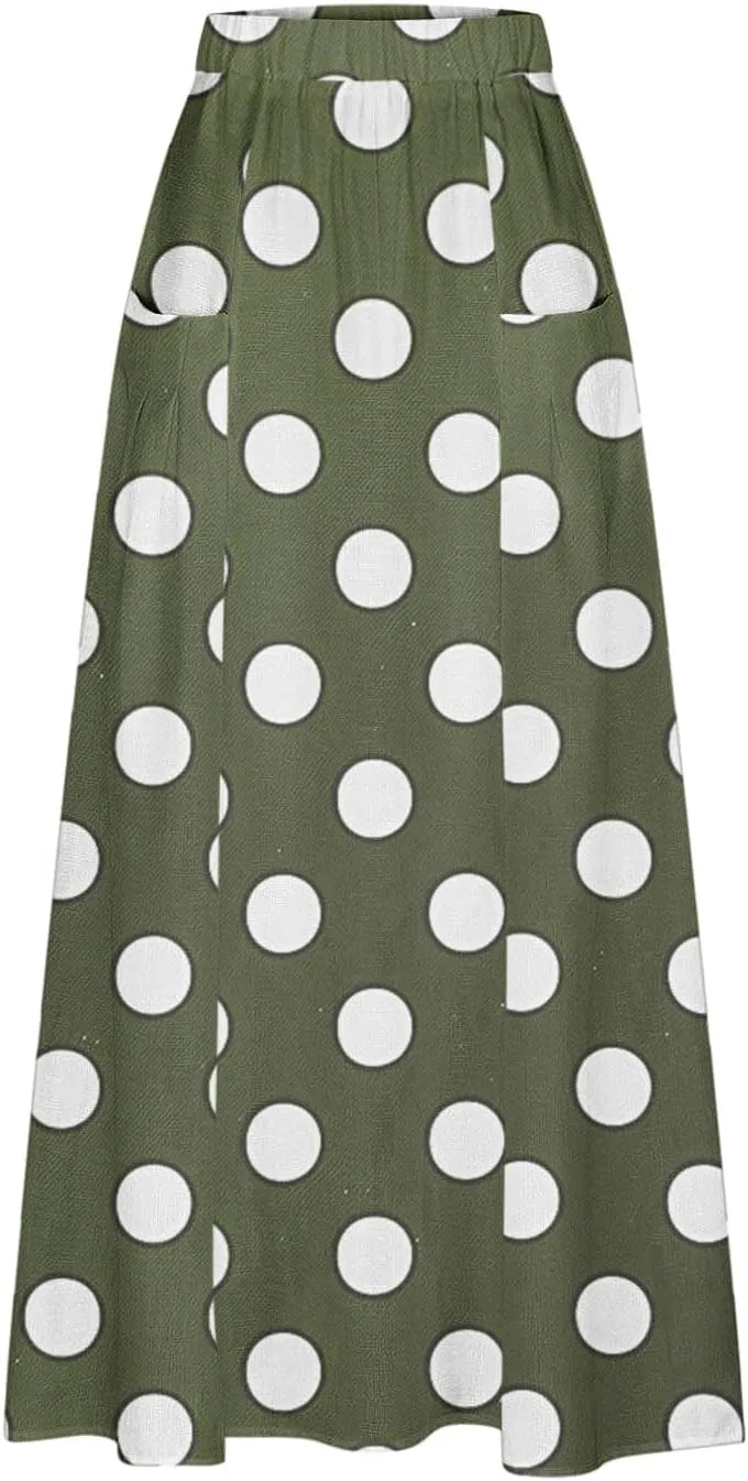 JOAU Women's Polka Dot Maxi Skirt with Pockets High Elastic Waist Flowy Casual Summer Bohemian A Line Beach Vacation Skirts
