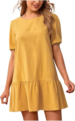 JOAU Womens Summer Casual Round Neck T Shirt Dress Linen Puff Short Sleeve Swing Tunic Dresses Loose Ruffle Hem Mini Dress