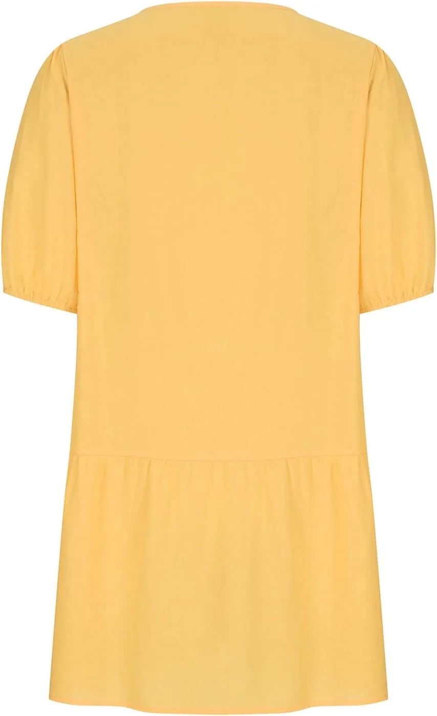 JOAU Womens Summer Casual Round Neck T Shirt Dress Linen Puff Short Sleeve Swing Tunic Dresses Loose Ruffle Hem Mini Dress