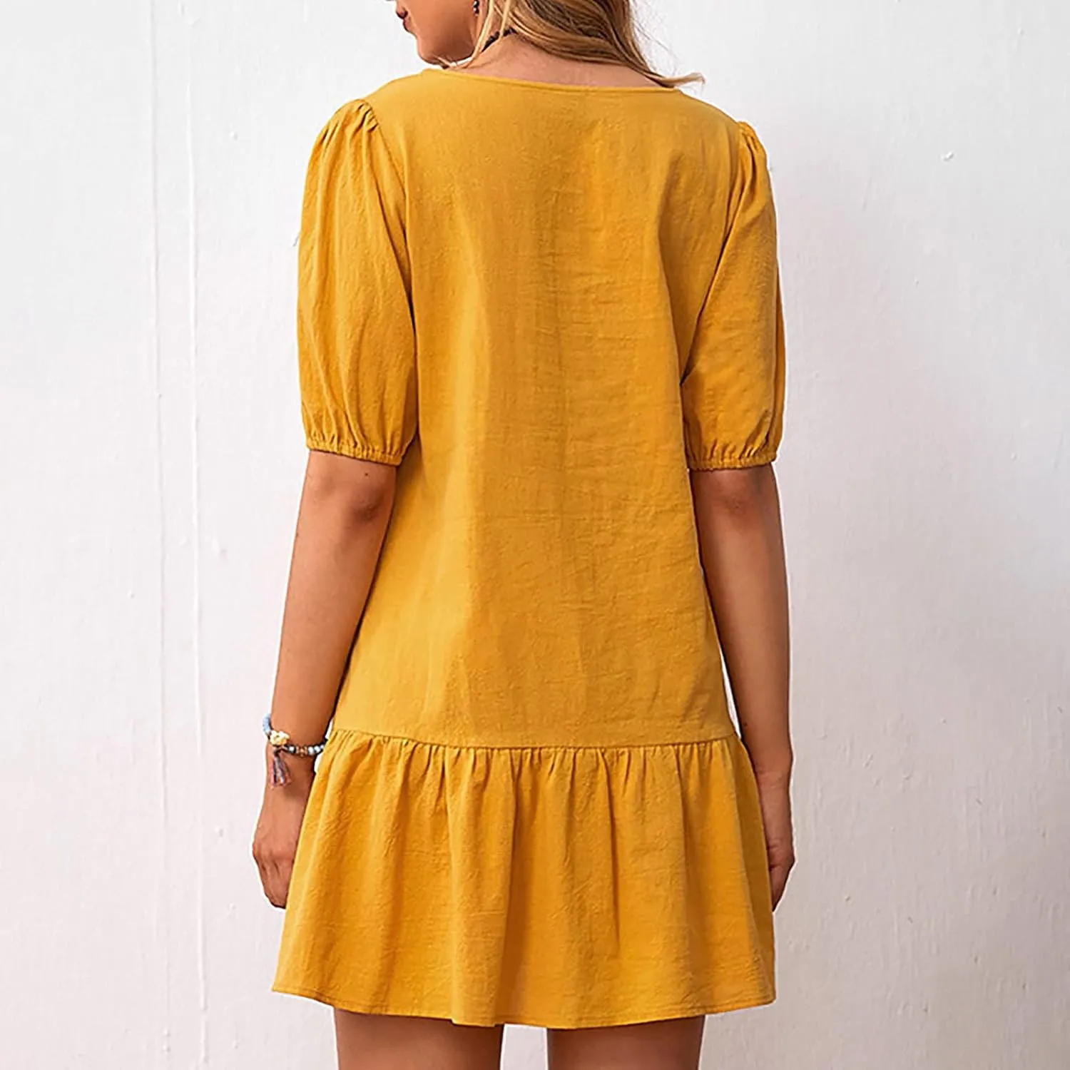 JOAU Womens Summer Casual Round Neck T Shirt Dress Linen Puff Short Sleeve Swing Tunic Dresses Loose Ruffle Hem Mini Dress