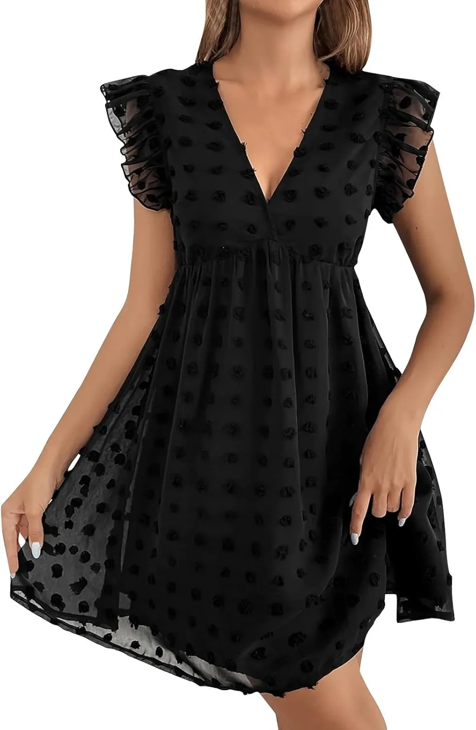 jsaierl Summer Dresses for Women 2025 Casual Loose Cute Ruffle Cap Sleeve Flowy Mini Dress Sundress Fashion V Neck Boho Dress