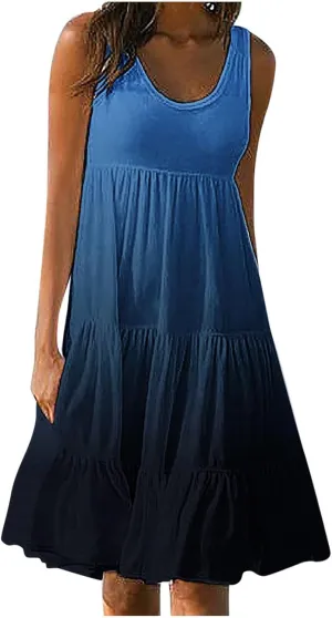 jsaierl Women's Sleeveless Ruffle Mini Dress Fashion Gradient Tank Cami Dress Summer Flowy High Waited A Line Tie Dye Dresses