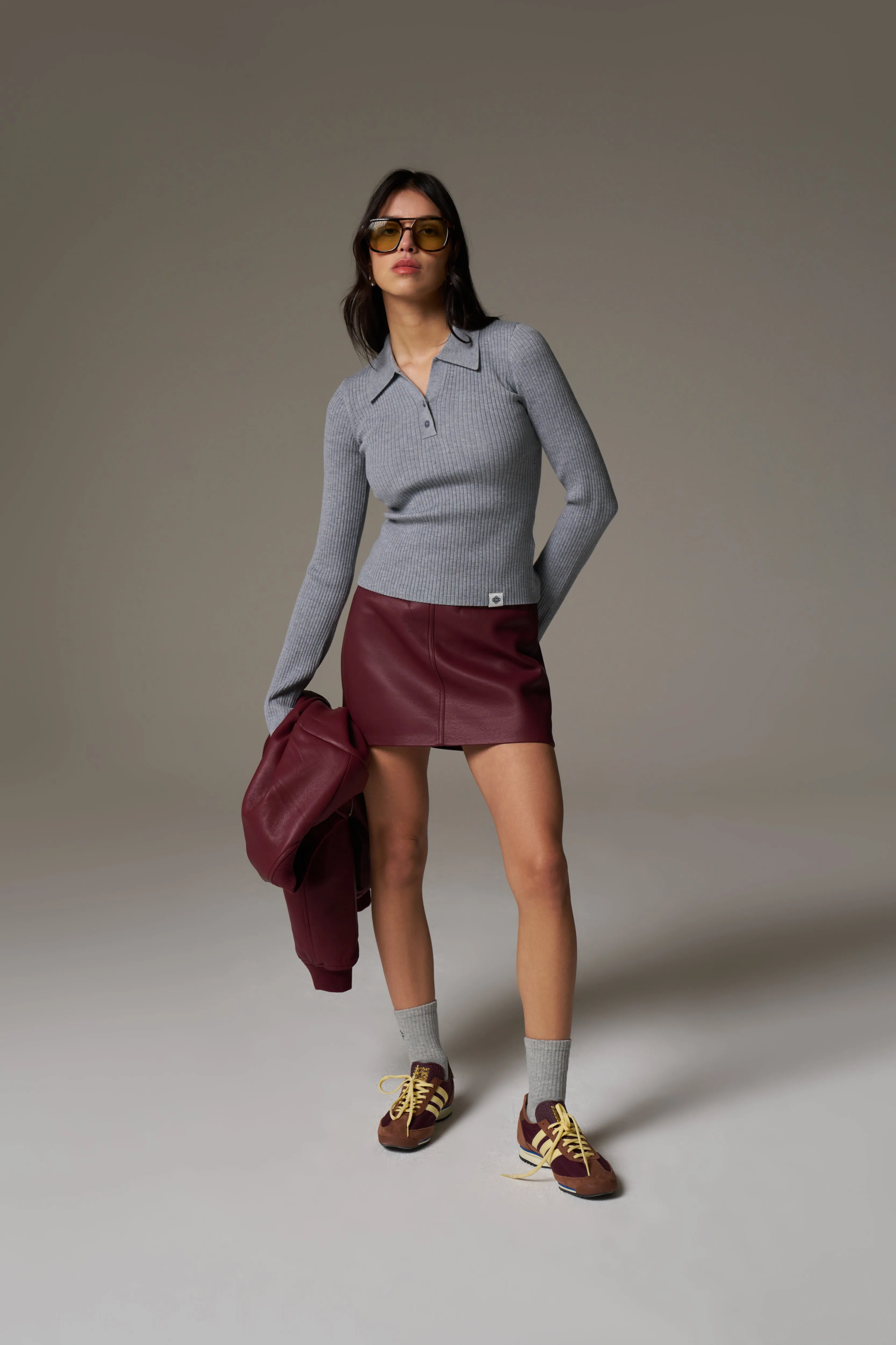 KNITTED RIBBED BUTTON THROUGH TOP - GREY MARL