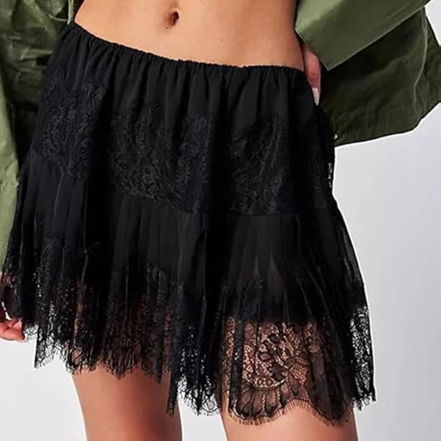 Lace Skirts for Women High Waisted Balletcore Midi Length Casual Skirt with Tiered Ruffles and Elastic Waistband